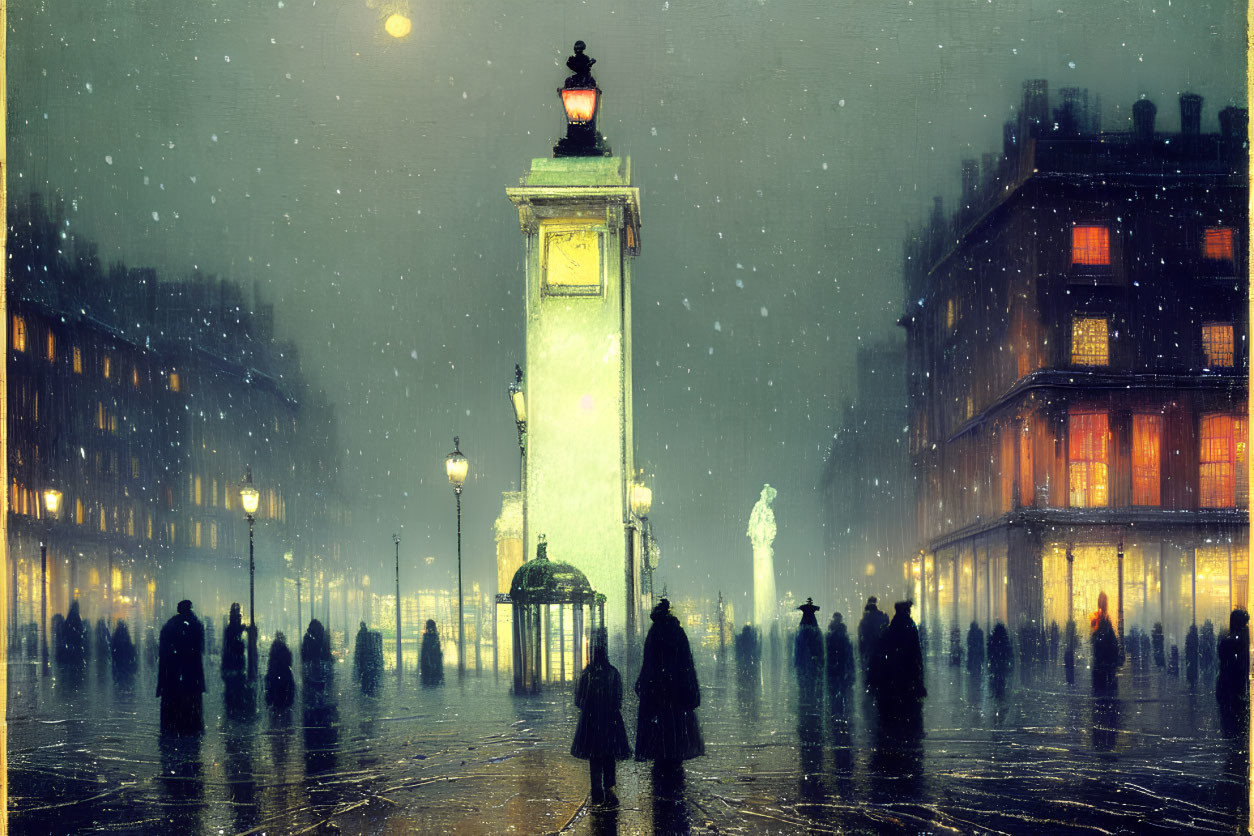 Snowfall on City Square with Clock Tower in Winter Night