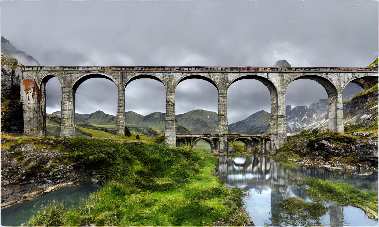 Stone arch bridge with multiple spans over calm river, reflecting mountains under cloudy sky