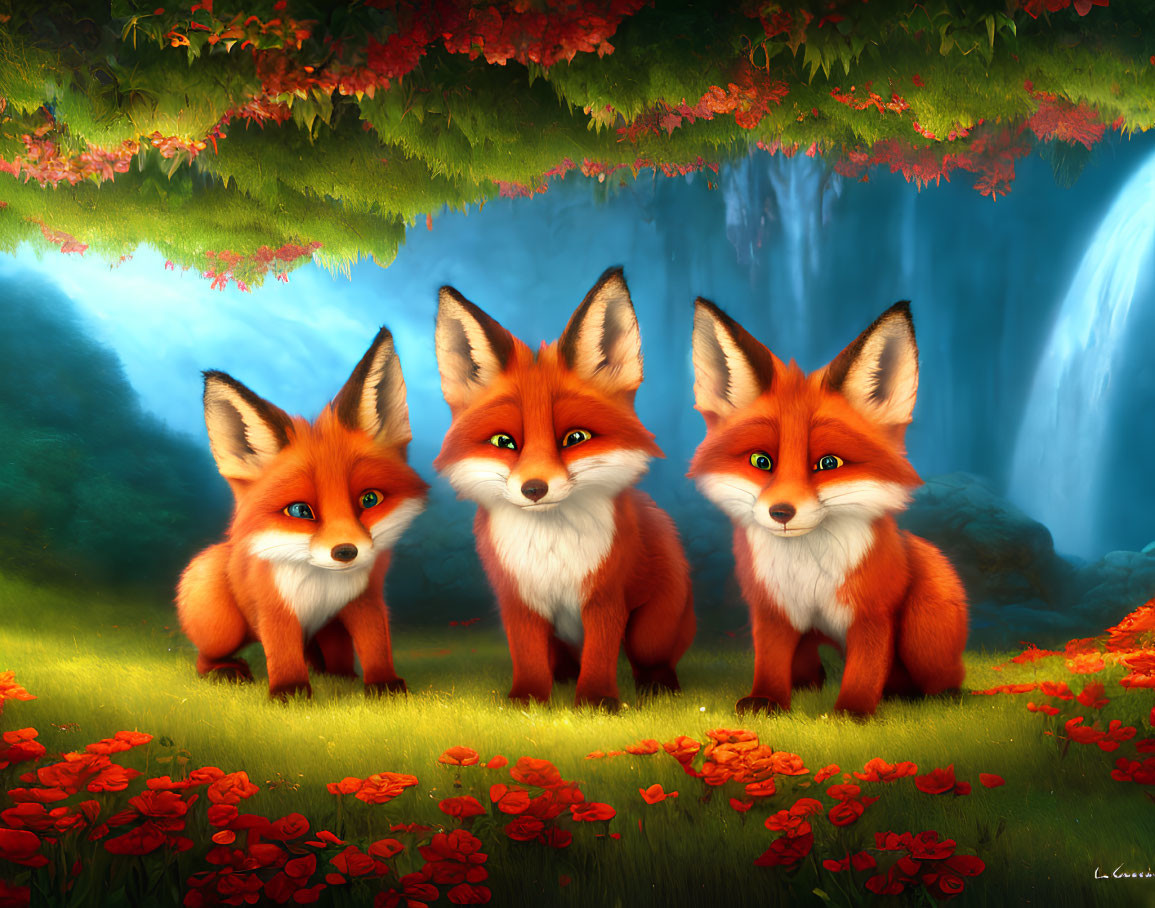 Vibrant orange cartoon foxes in lush forest scene