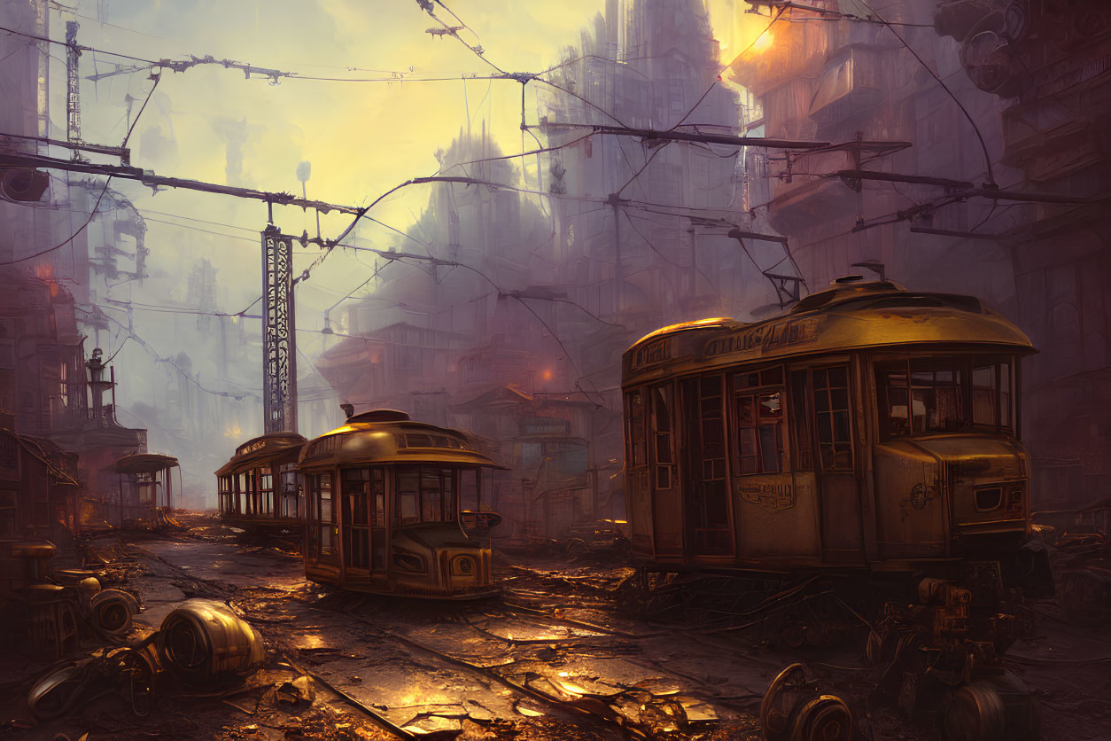 Abandoned trams and derelict buildings in dystopian cityscape