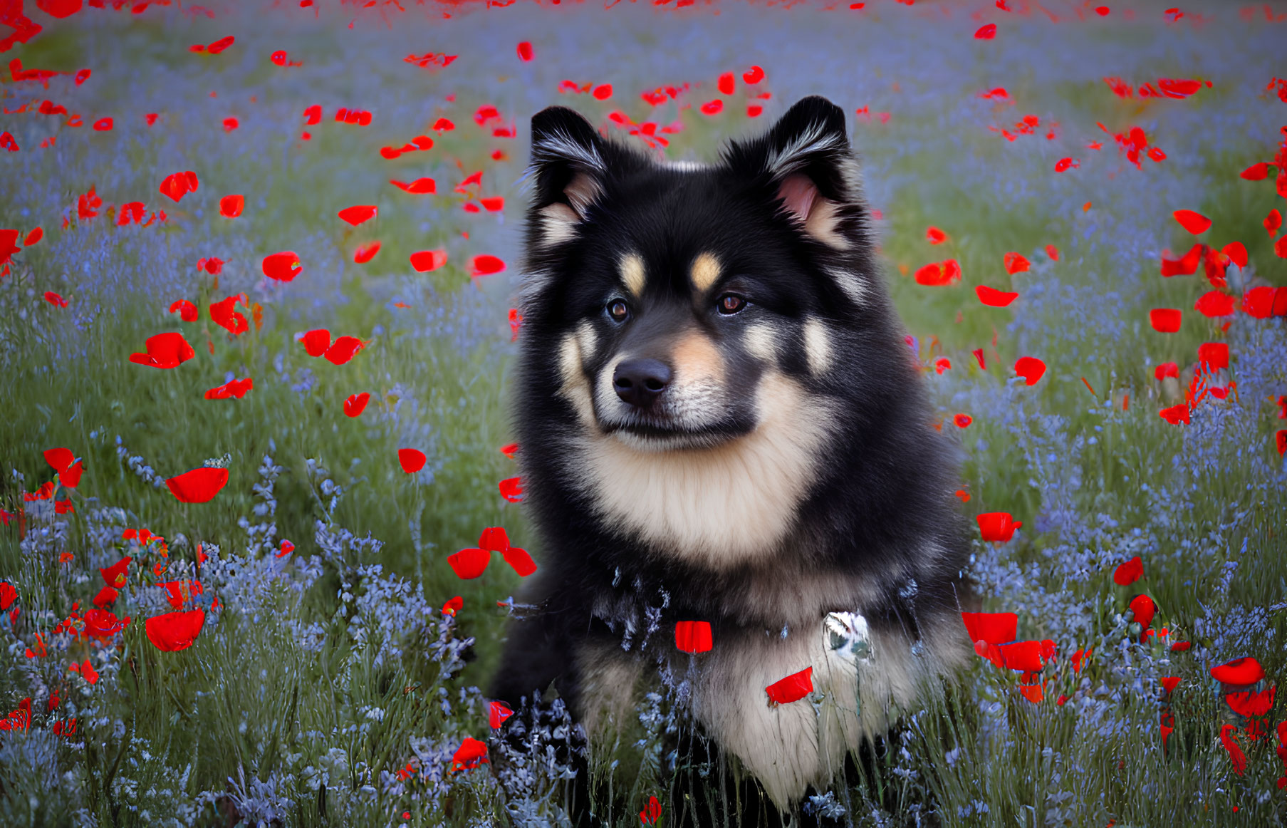 Tan and black dog in field with red poppies and blue flowers, gazing at camera