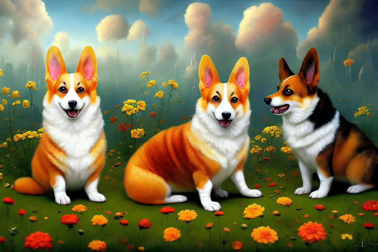 Colorful corgis in vibrant flower field under sunny sky