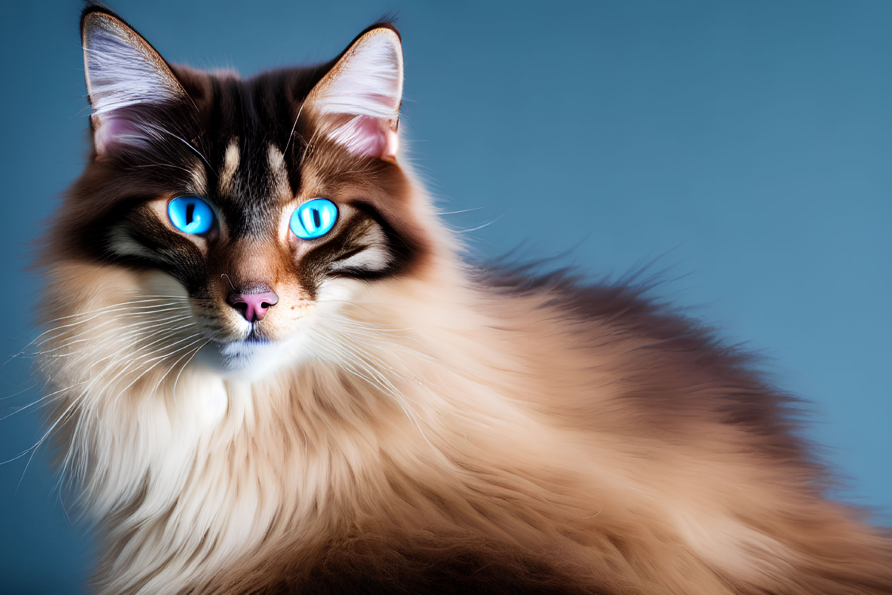 Fluffy Brown and White Cat with Blue Eyes on Blue Background