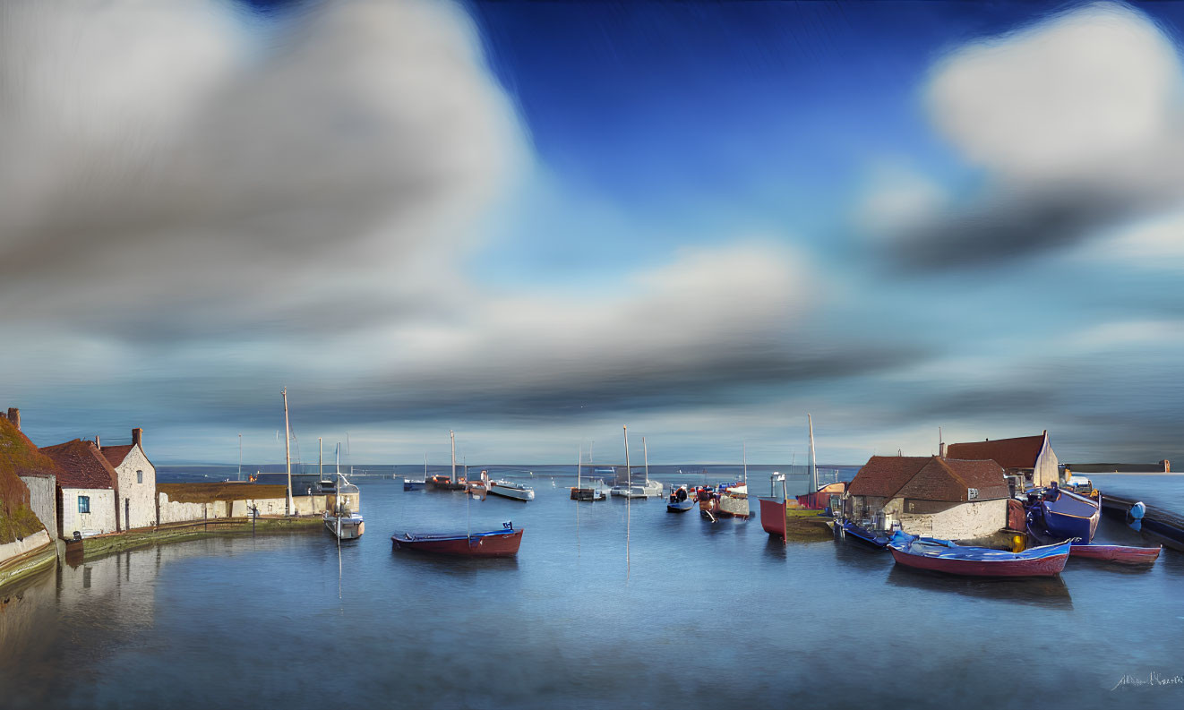 Tranquil Harbor Scene with Colorful Boats and Traditional Houses