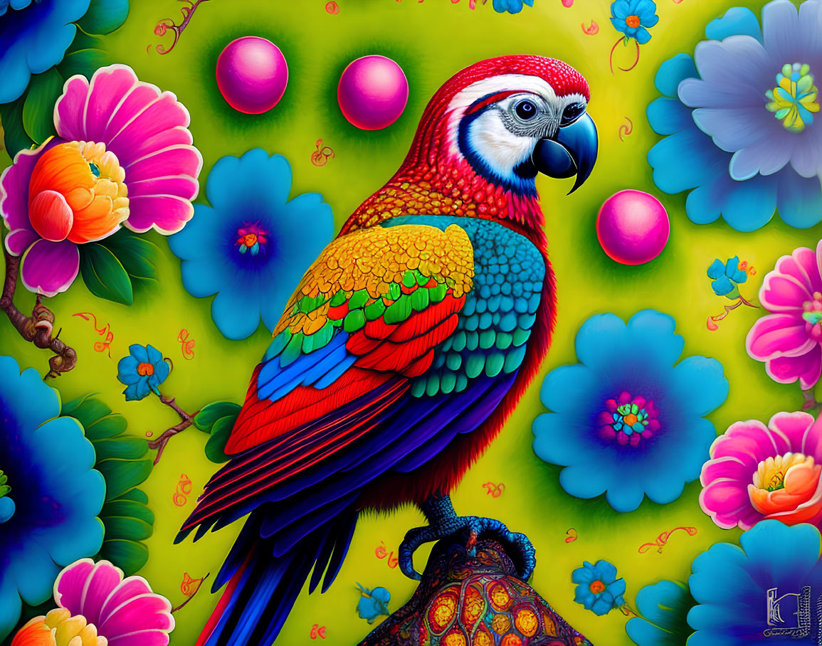 Colorful Parrot Illustration with Flowers and Pink Orbs on Yellow Background