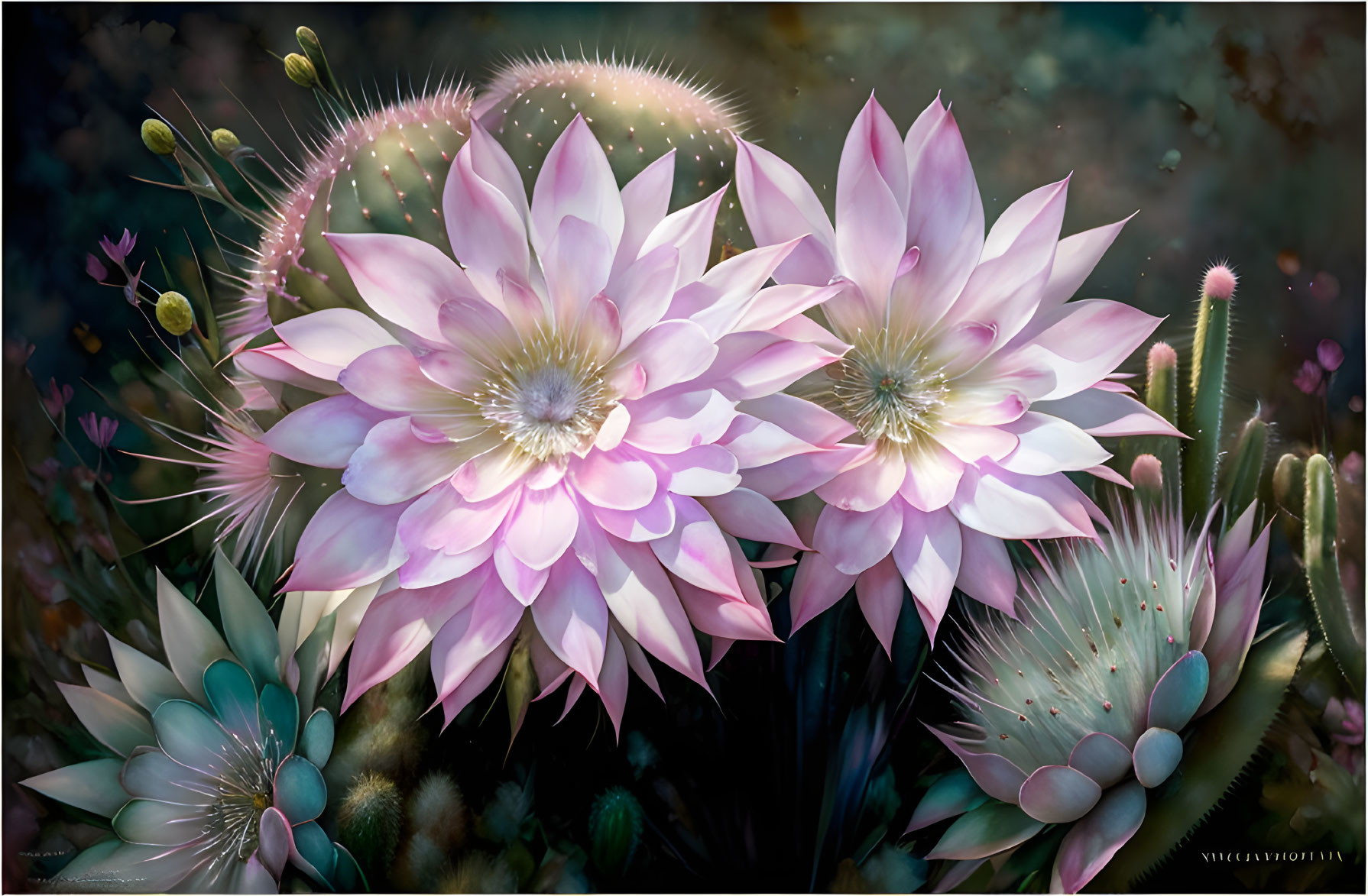 Vibrant Pink Cacti Flowers Among Succulents in Dreamy Setting