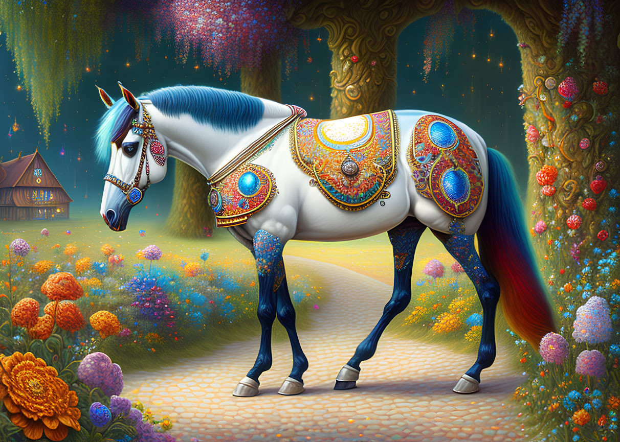 Colorful Horse with Vibrant Decor and Garden Setting