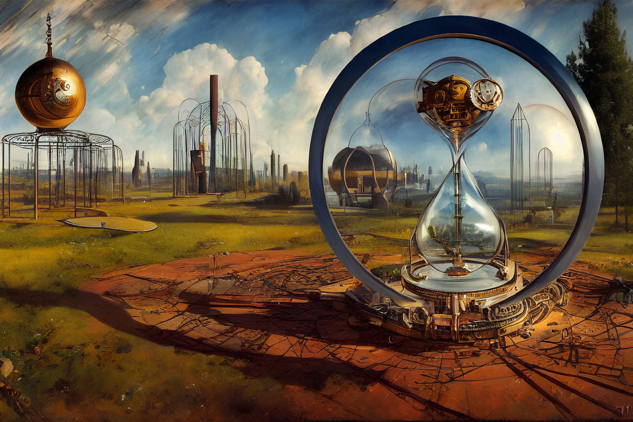 Futuristic landscape with hourglass structures, spherical habitats, and industrial towers