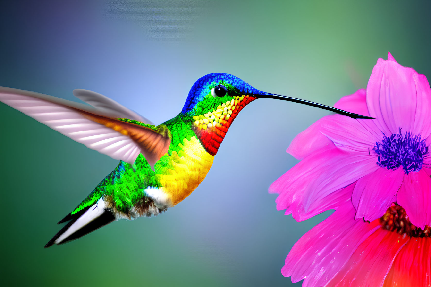 Vibrant hummingbird flying towards pink flower on green background