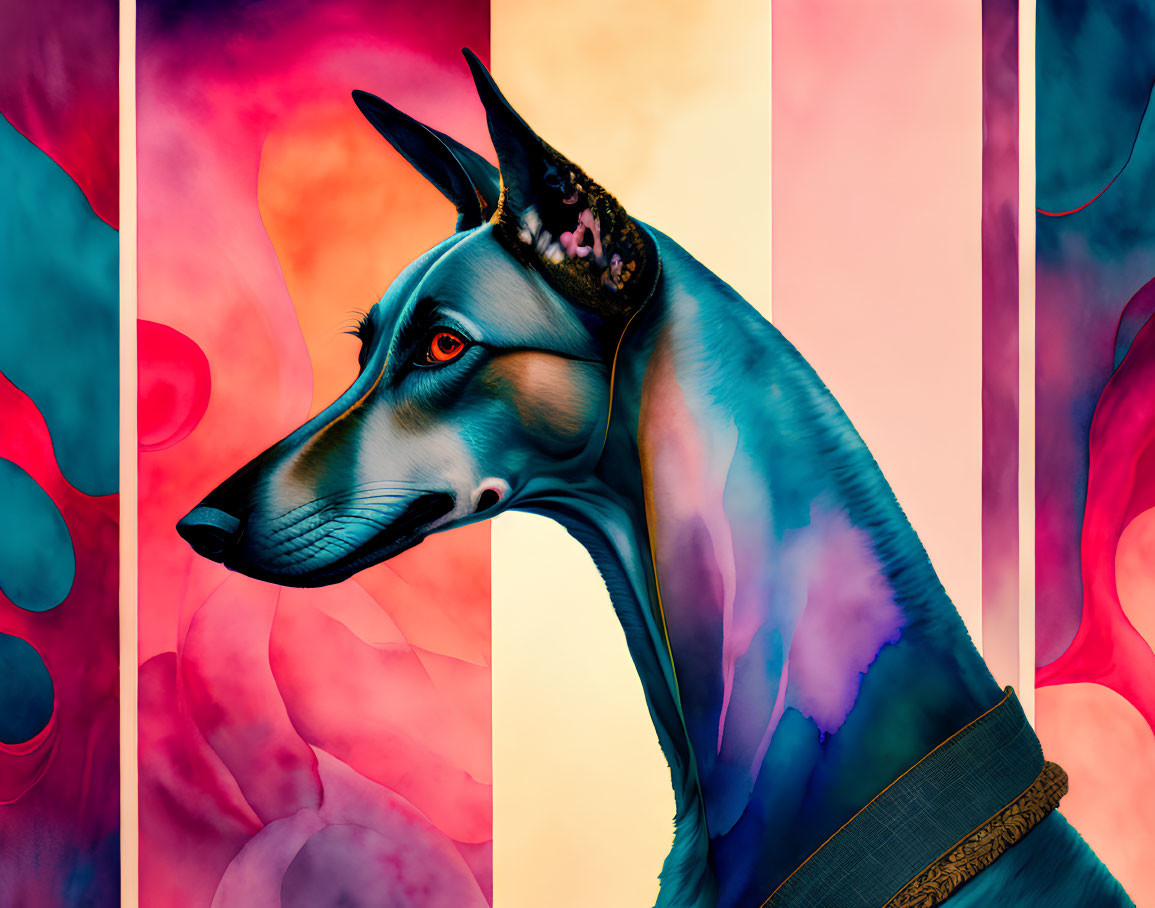 Vibrant digital art: stylized Doberman head with abstract patterns