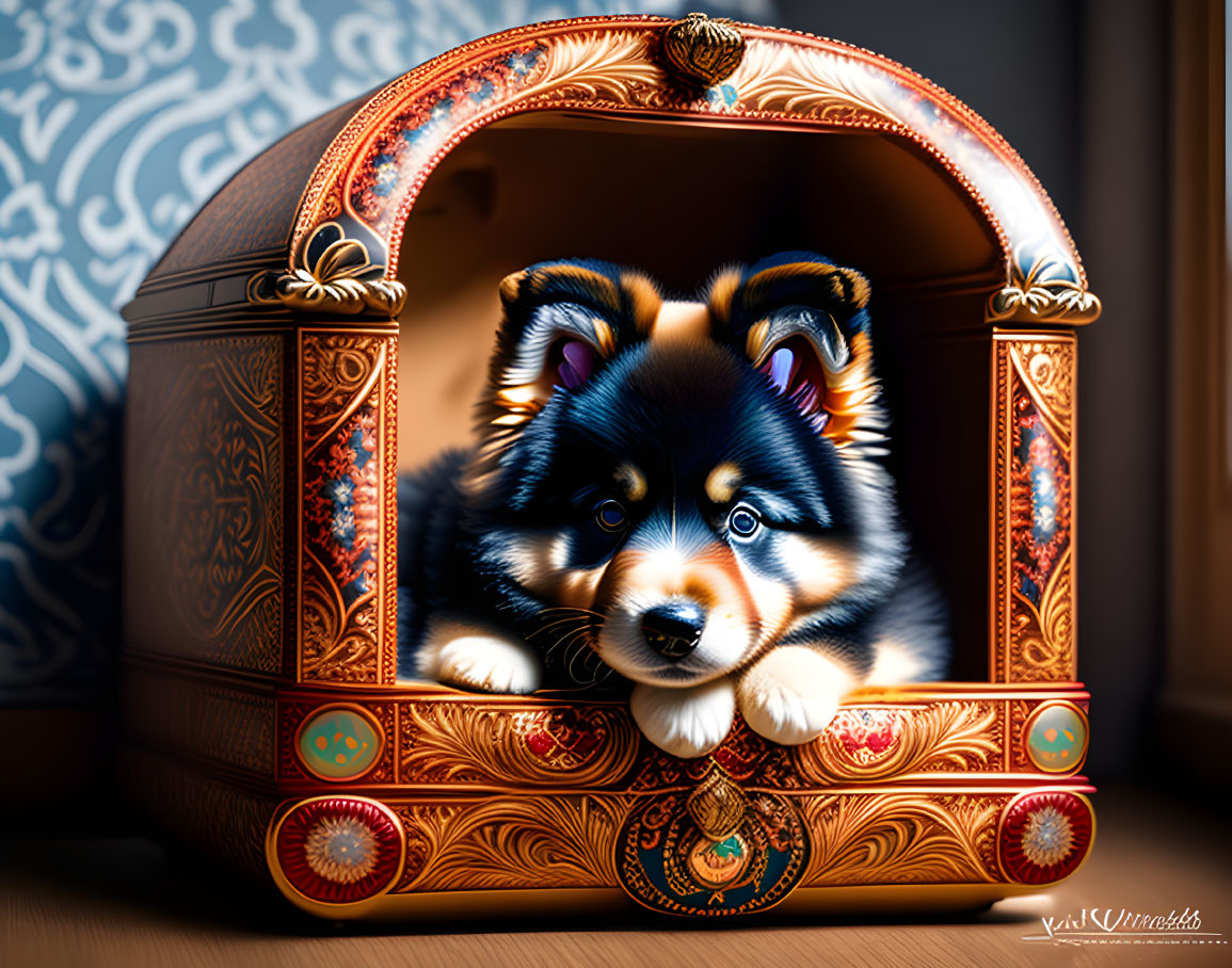 Tricolor puppy with blue eyes in ornate treasure chest