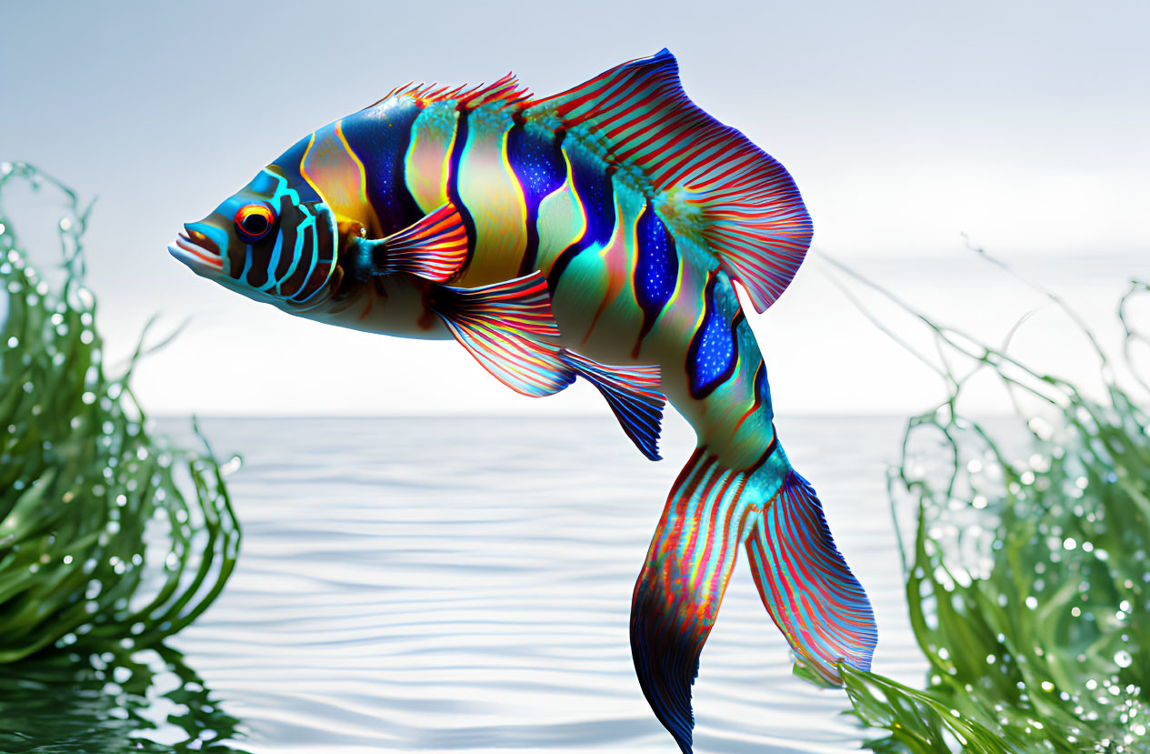 Colorful iridescent fish swimming near water surface with vibrant patterns and underwater plants