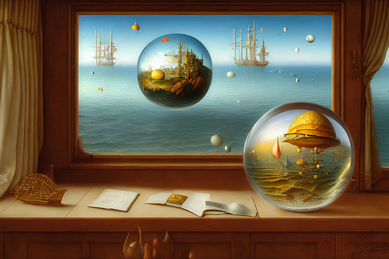 Surreal room with floating spheres, ships, ocean view, desk with book and quill