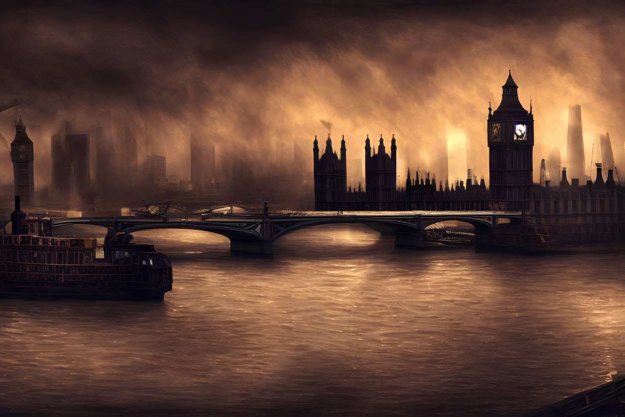 London skyline with Big Ben and Westminster Bridge silhouetted against dramatic cloudy sky at dusk