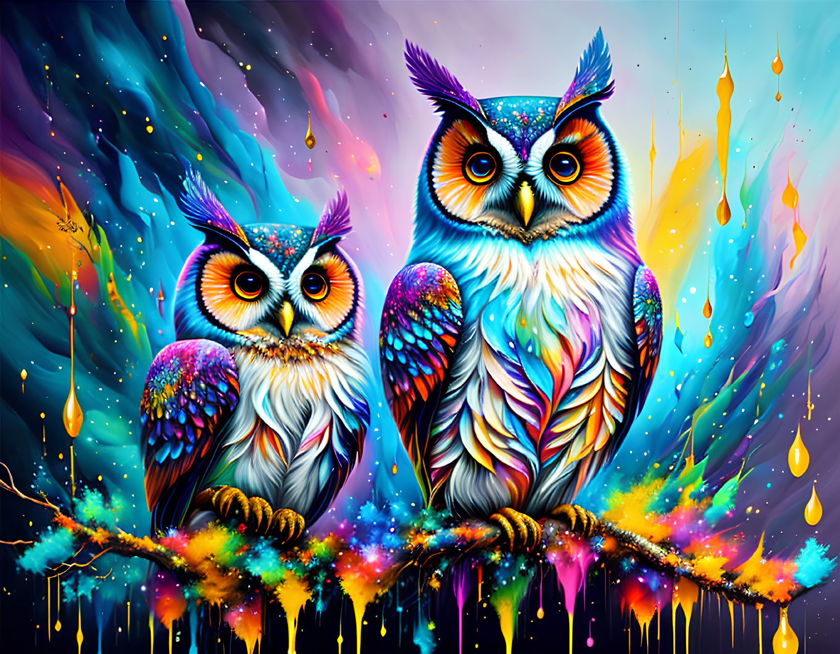 Colorful Stylized Owls on Branch with Vibrant Psychedelic Background