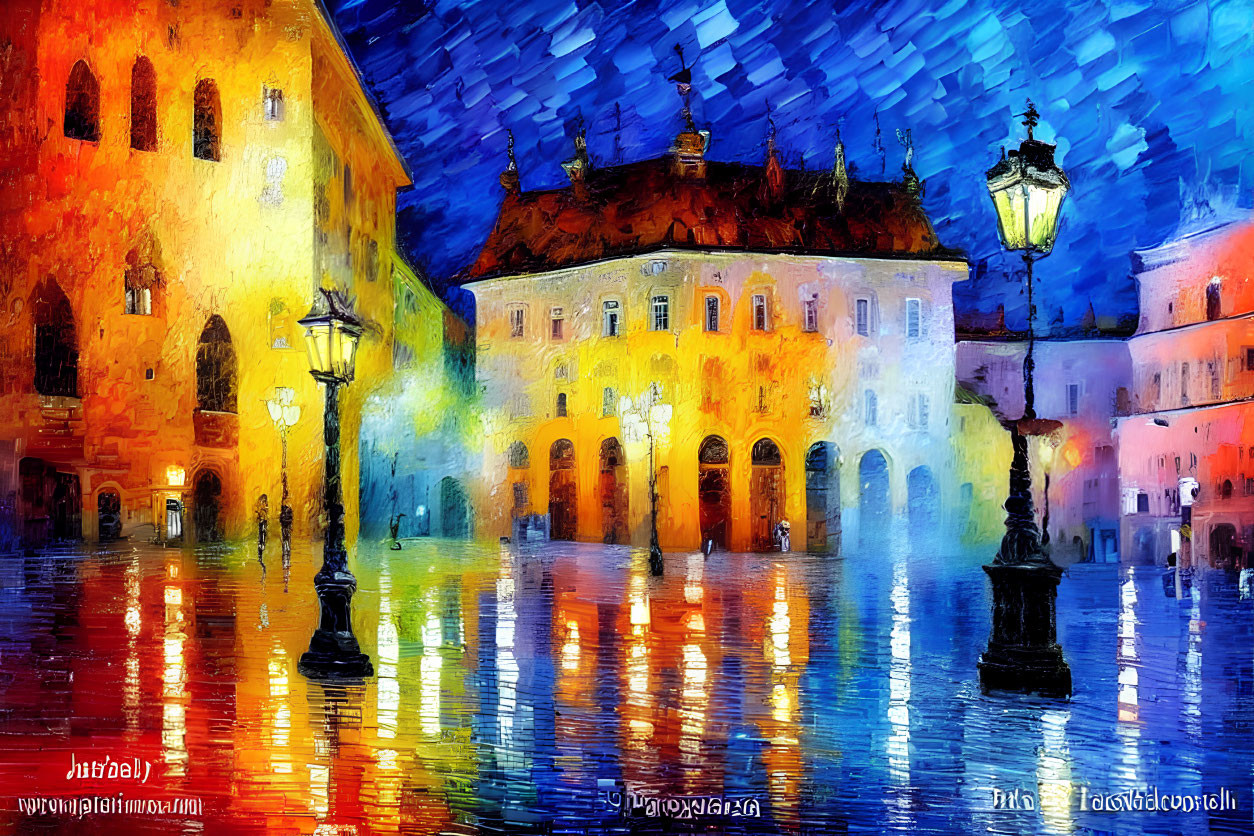 European town square painting: Vibrant, impressionistic night scene