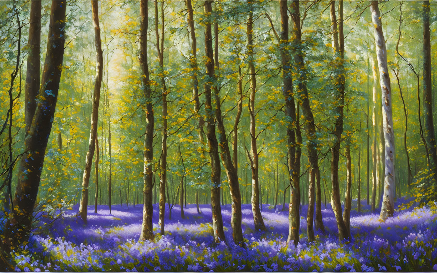 Lush forest scene with tall trees and purple flowers under soft light