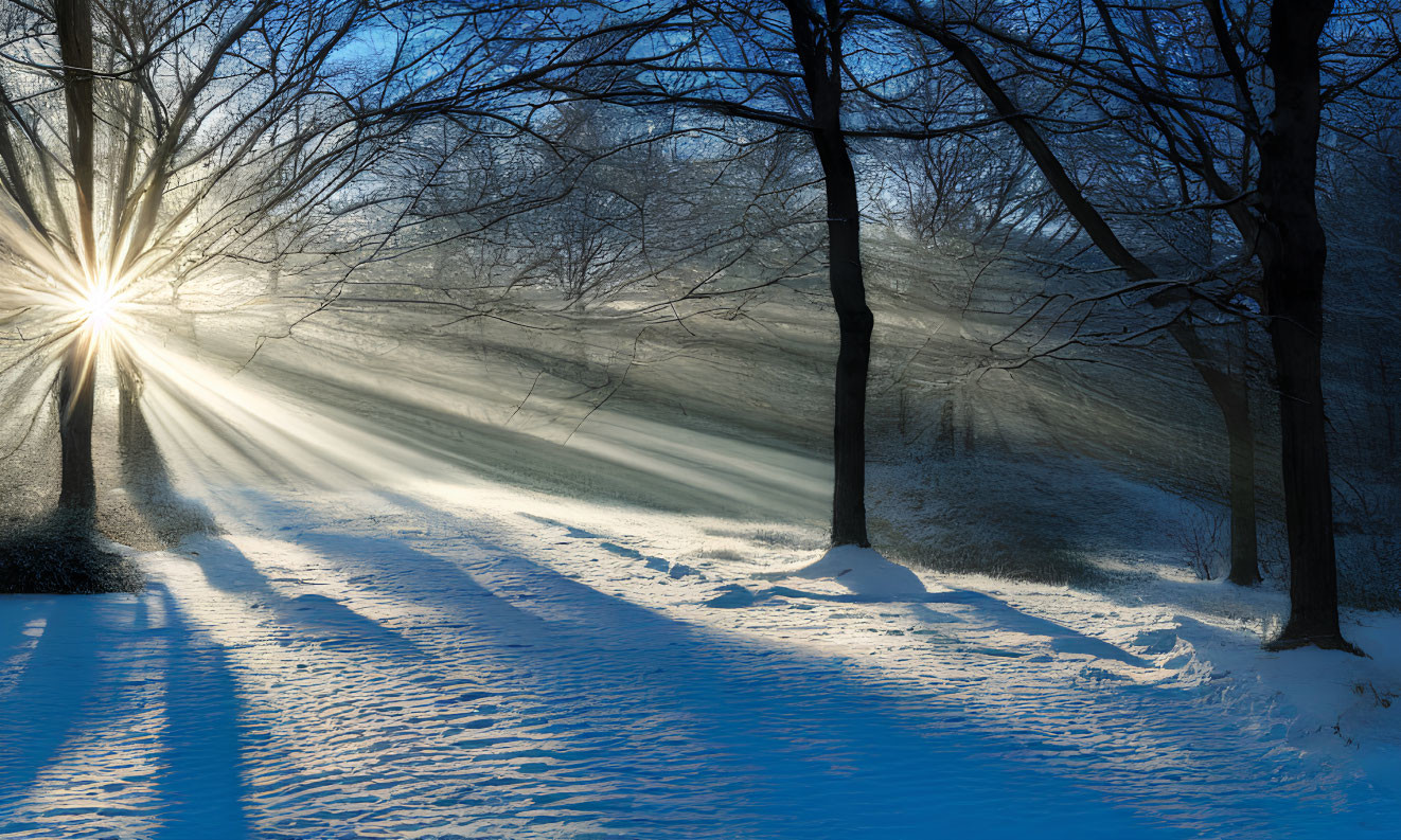 Winter forest scene: Sunrays through frost, casting shadows