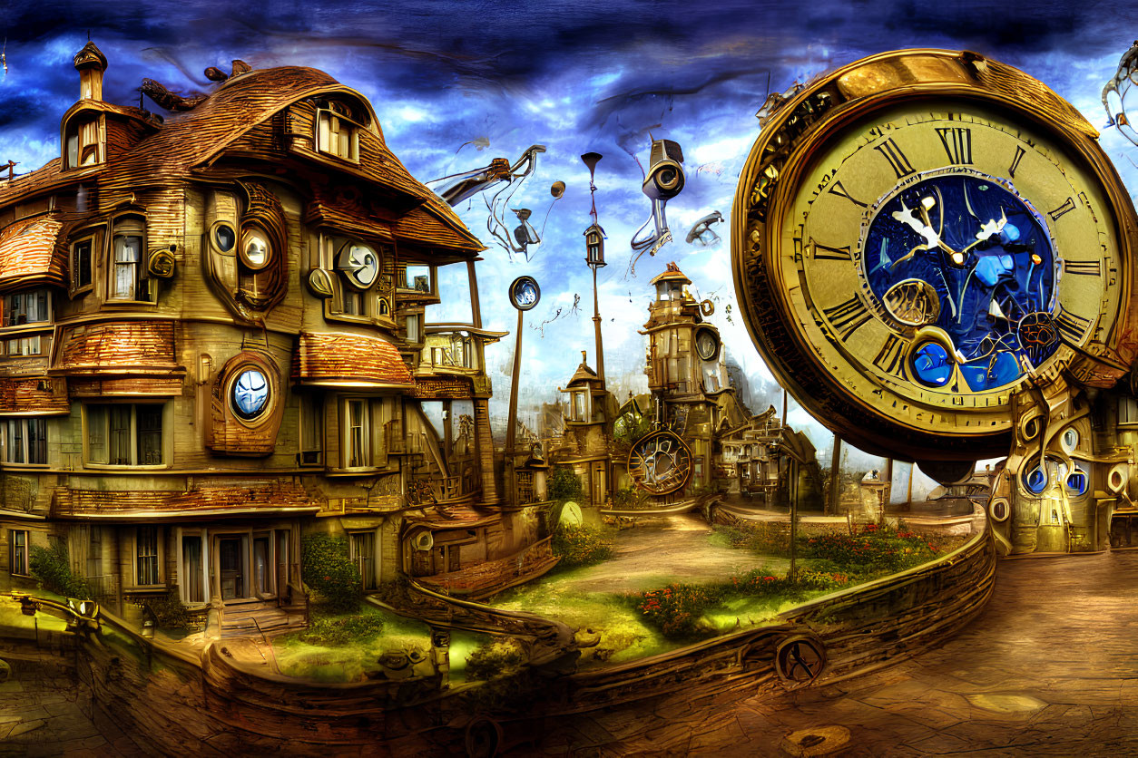 Surreal steampunk scene with clock-adorned mansion, gears, islands, and mechanical