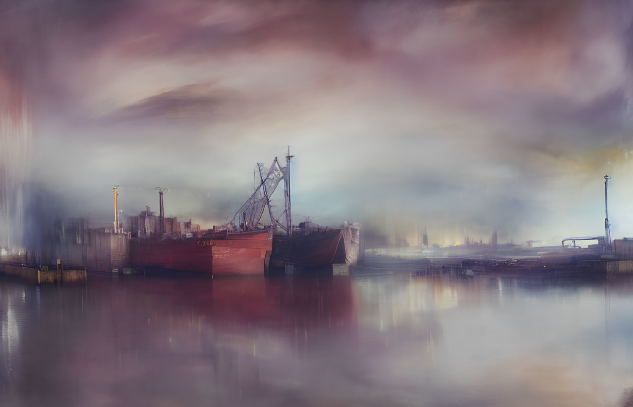 Harbor scene with moored ship in misty ambiance