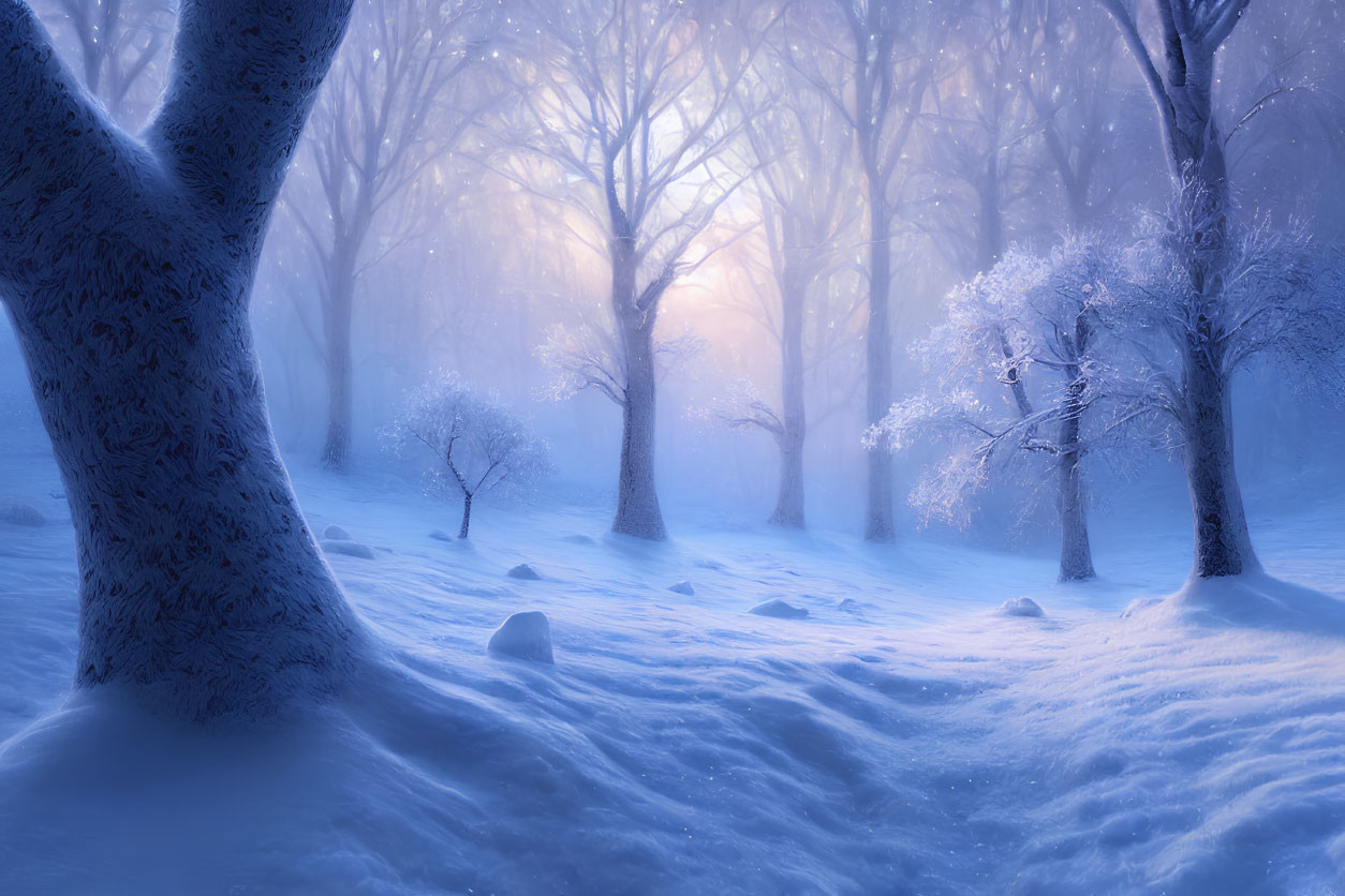 Snowy Forest Landscape: Sunlight Filtering Through Misty Trees