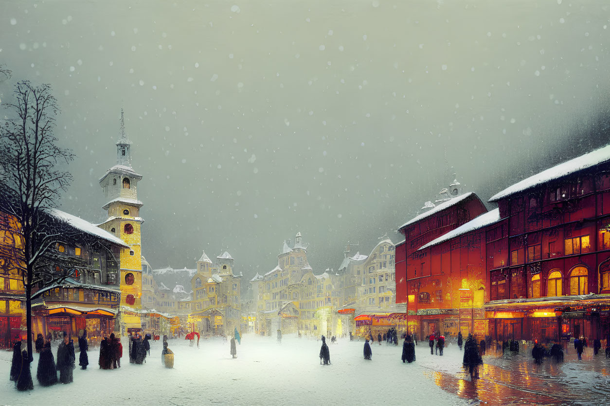 Snow-covered square with illuminated buildings and clock tower at twilight