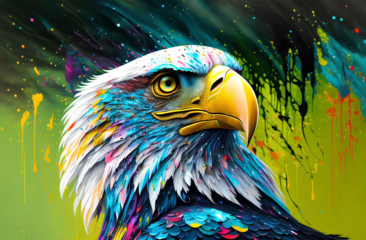 Colorful Eagle Head Digital Artwork on Paint-Splattered Background