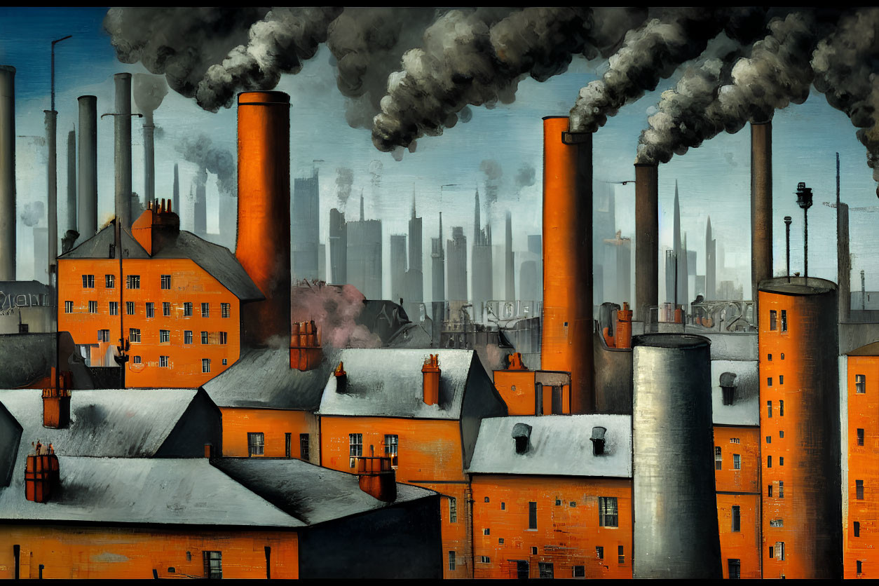 Orange industrial buildings with smokestacks in cityscape.