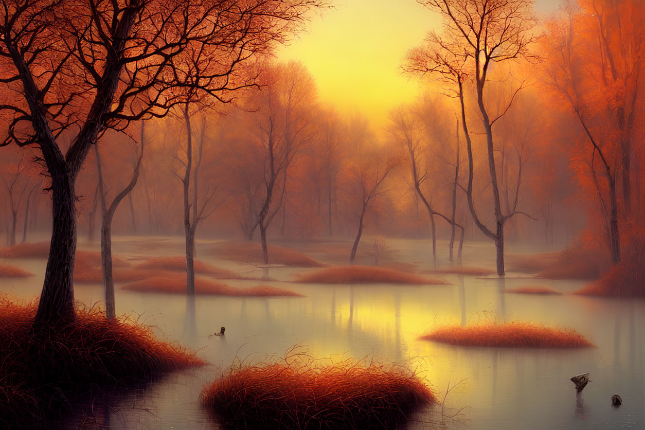 Tranquil autumn forest scene with golden hues, water reflections, and bare trees.