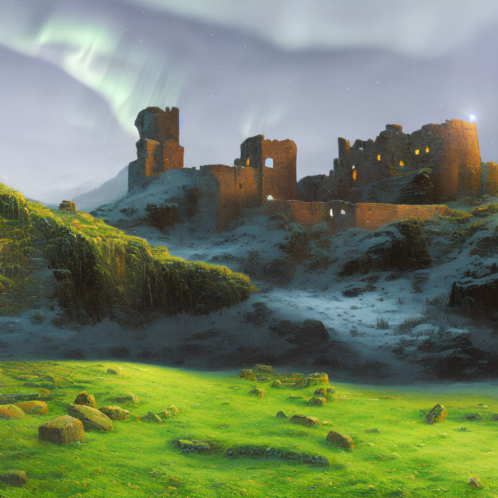 Ruined castle under night sky with aurora borealis and snow transition.