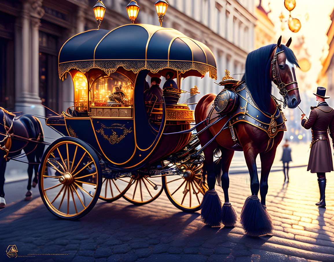 Ornate Carriage with Horse and Street Lamps on Cobblestone Street