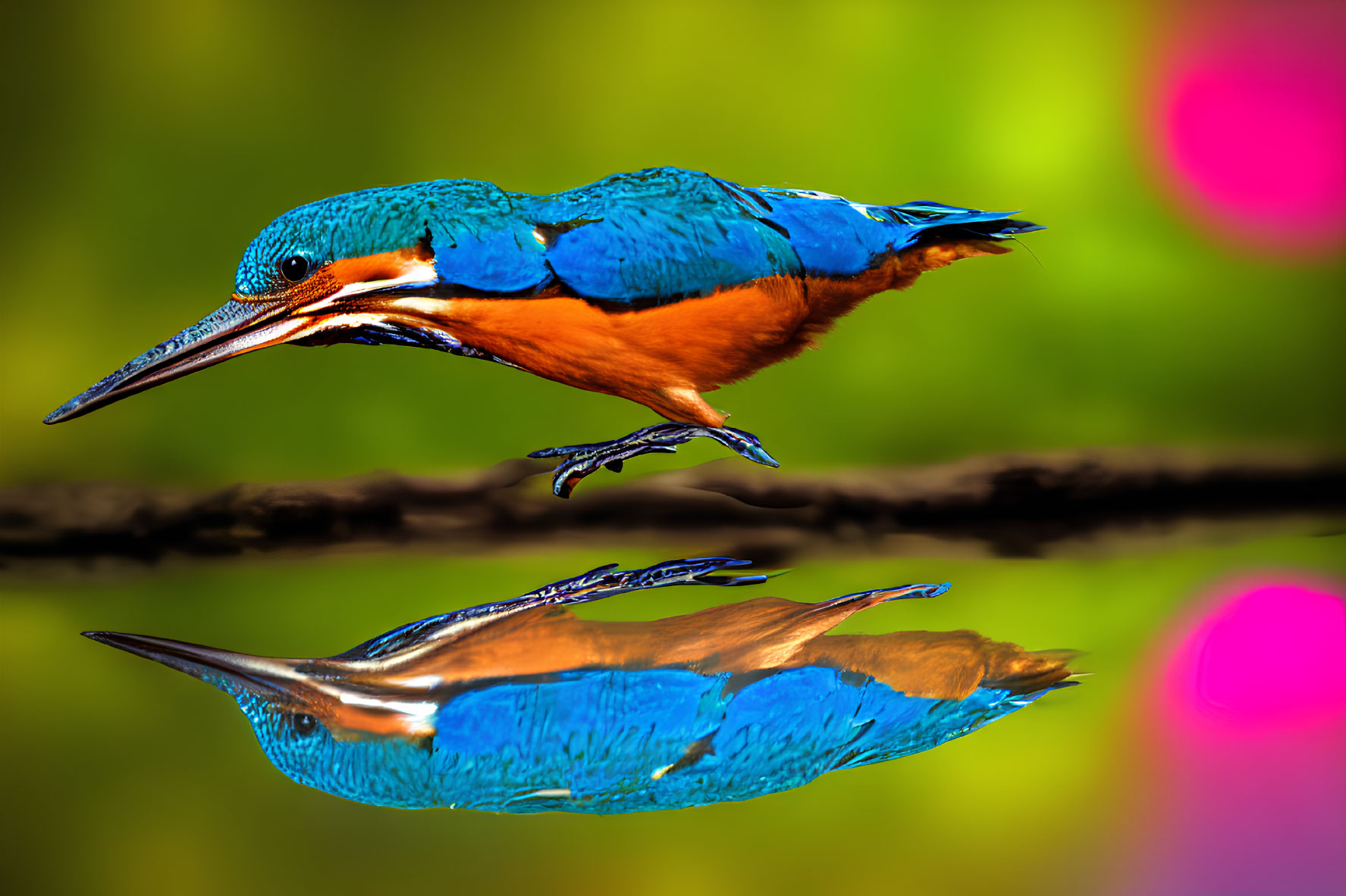 Colorful Kingfisher Bird Reflecting in Water on Blurred Background