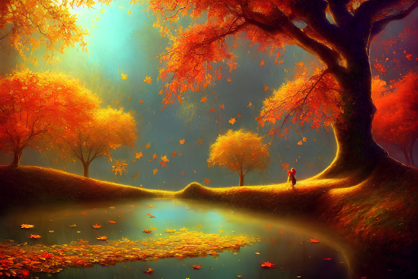 Tranquil autumn landscape with orange and red foliage, serene pond, sunlit backdrop, and lone