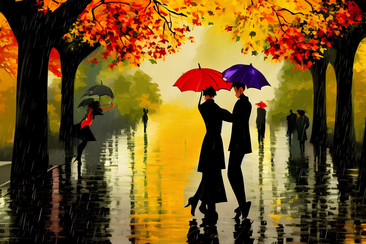 Vibrant artwork: People with umbrellas on rainy street with autumn trees