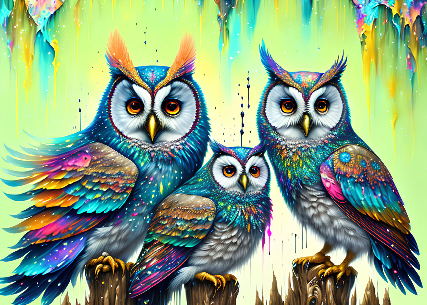 Colorful Stylized Owls Perched on Branches with Whimsical Background