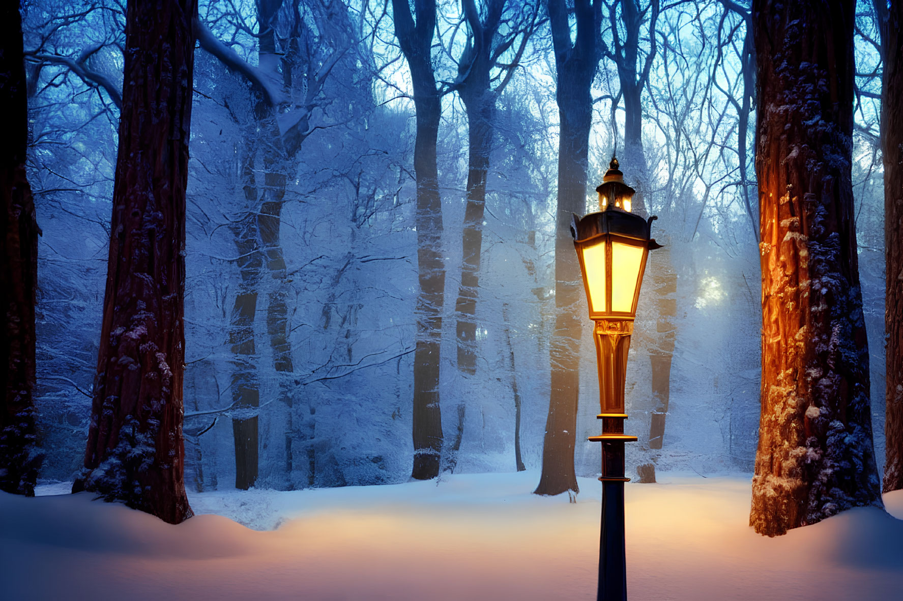 Winter landscape with illuminated street lamp and snow-covered trees