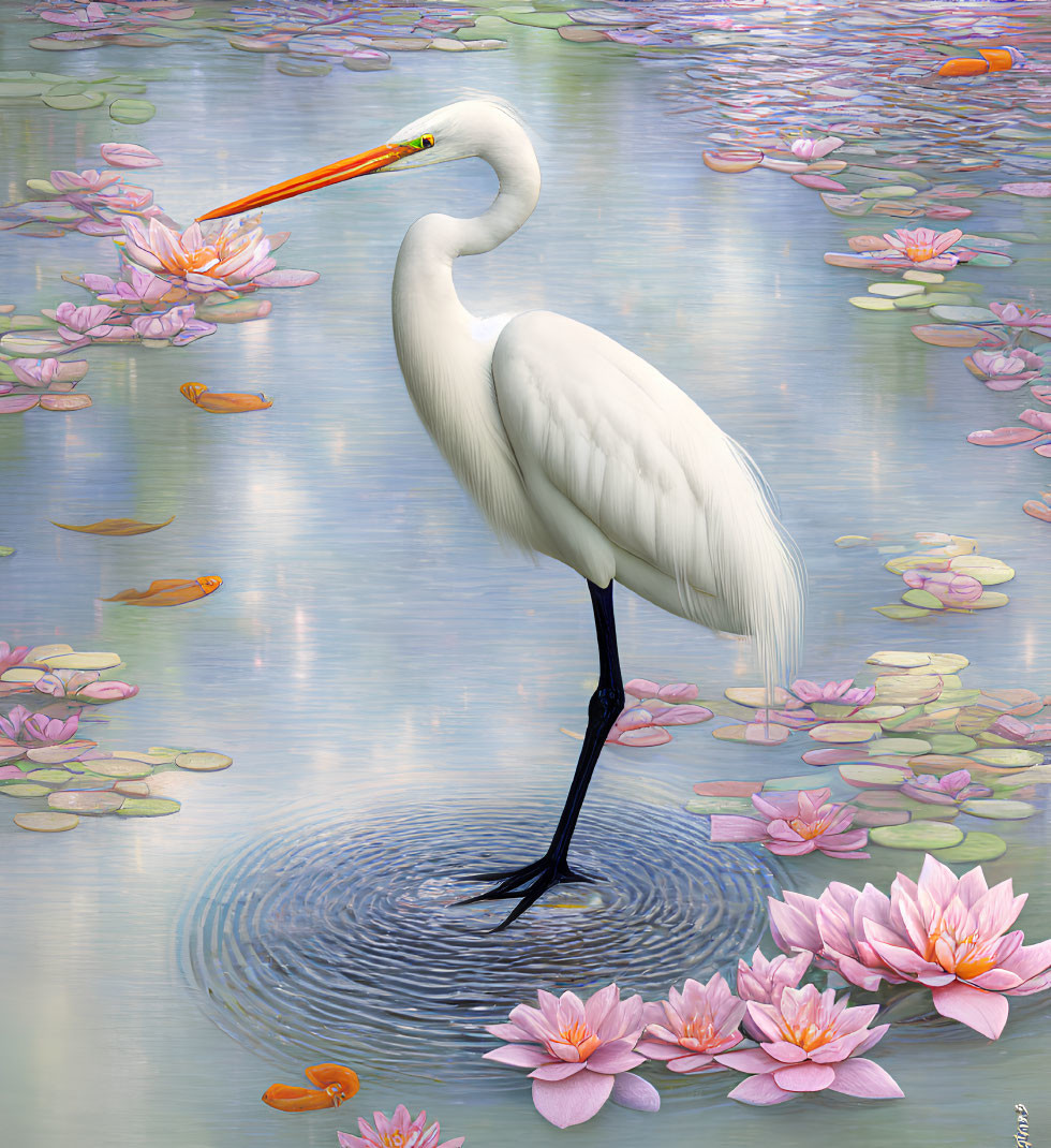 White Egret Surrounded by Pink Water Lilies and Orange Fish