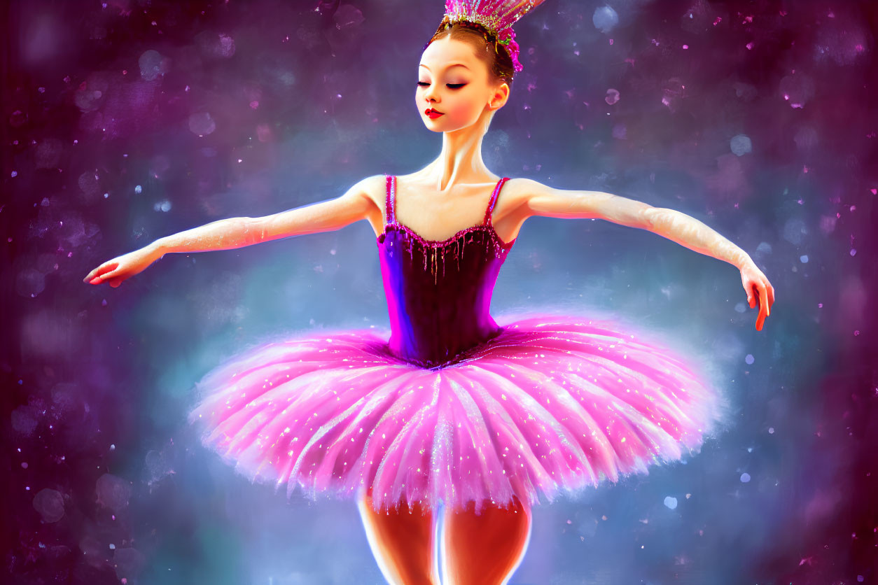 Elegant Ballerina in Pink Tutu and Purple Bodice on Bokeh-Light Background