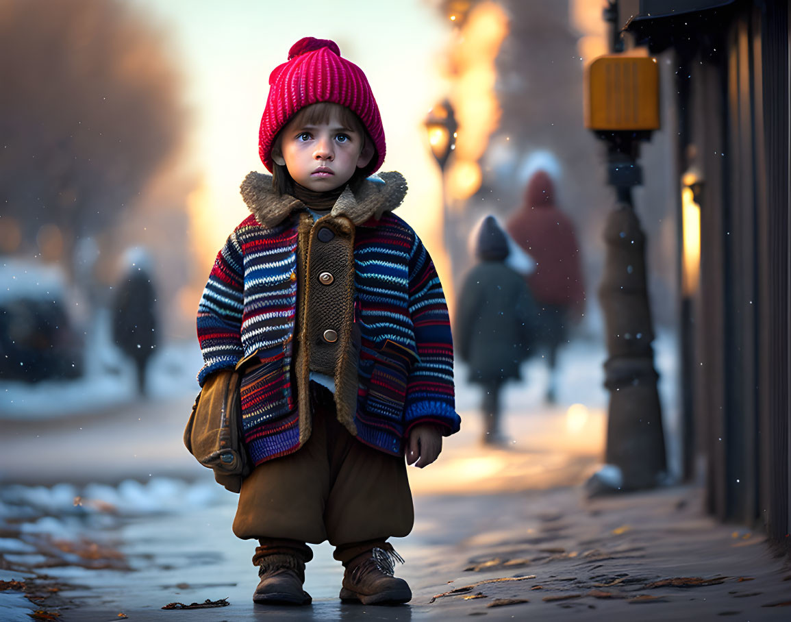 Contemplative child in colorful jacket on snowy city street at dusk