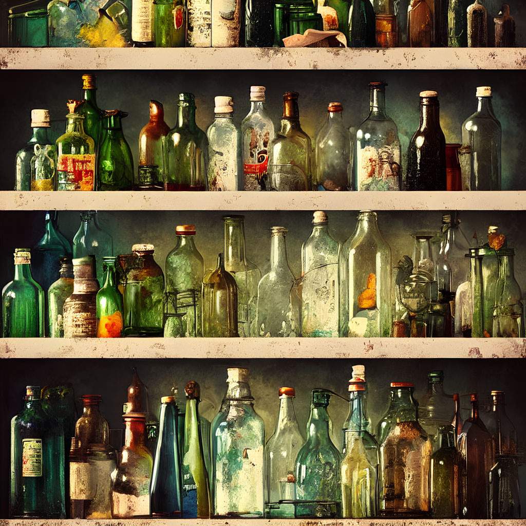 Assorted vintage glass bottles on dusty shelves