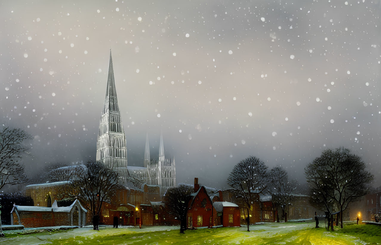 Snowy evening scene with illuminated cathedral spire and figure walking in falling snowflakes