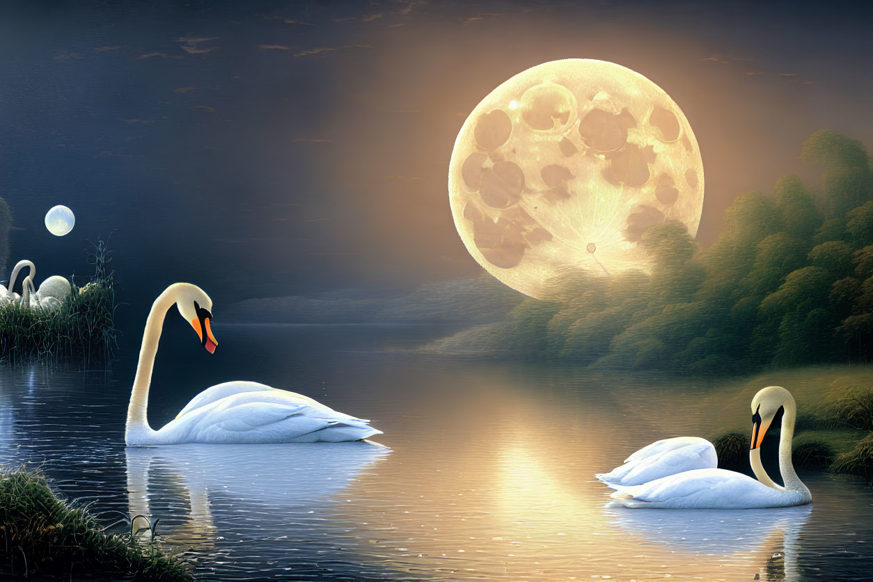 Tranquil lake scene with two swans and detailed moon on dreamy landscape