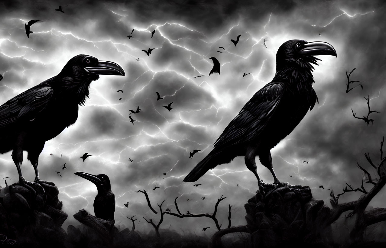 Monochrome artwork of ravens in barren trees under stormy sky