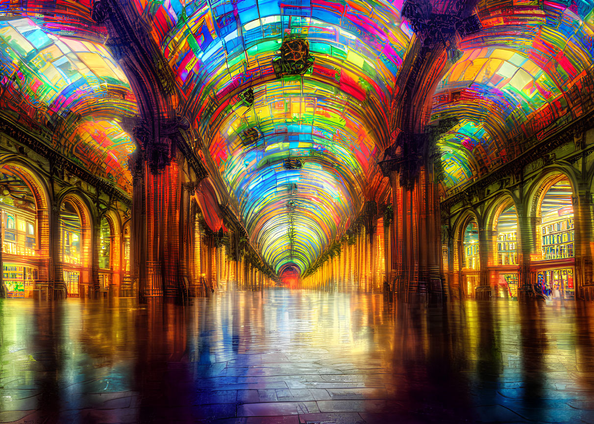 Grand Hallway with Arched Ceiling and Stained Glass Palette