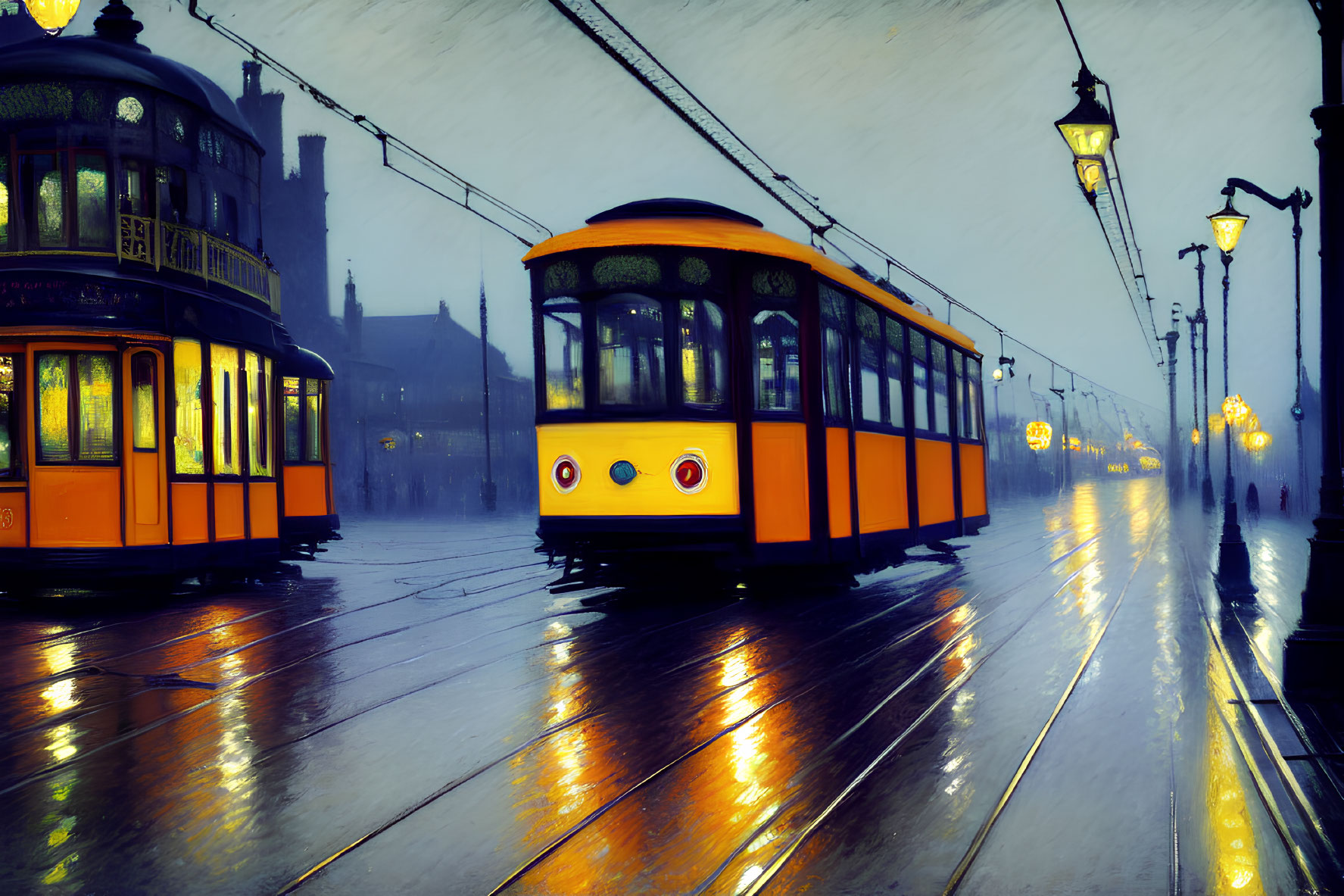 Vintage trams on misty, rain-slicked street at night with glowing lamps