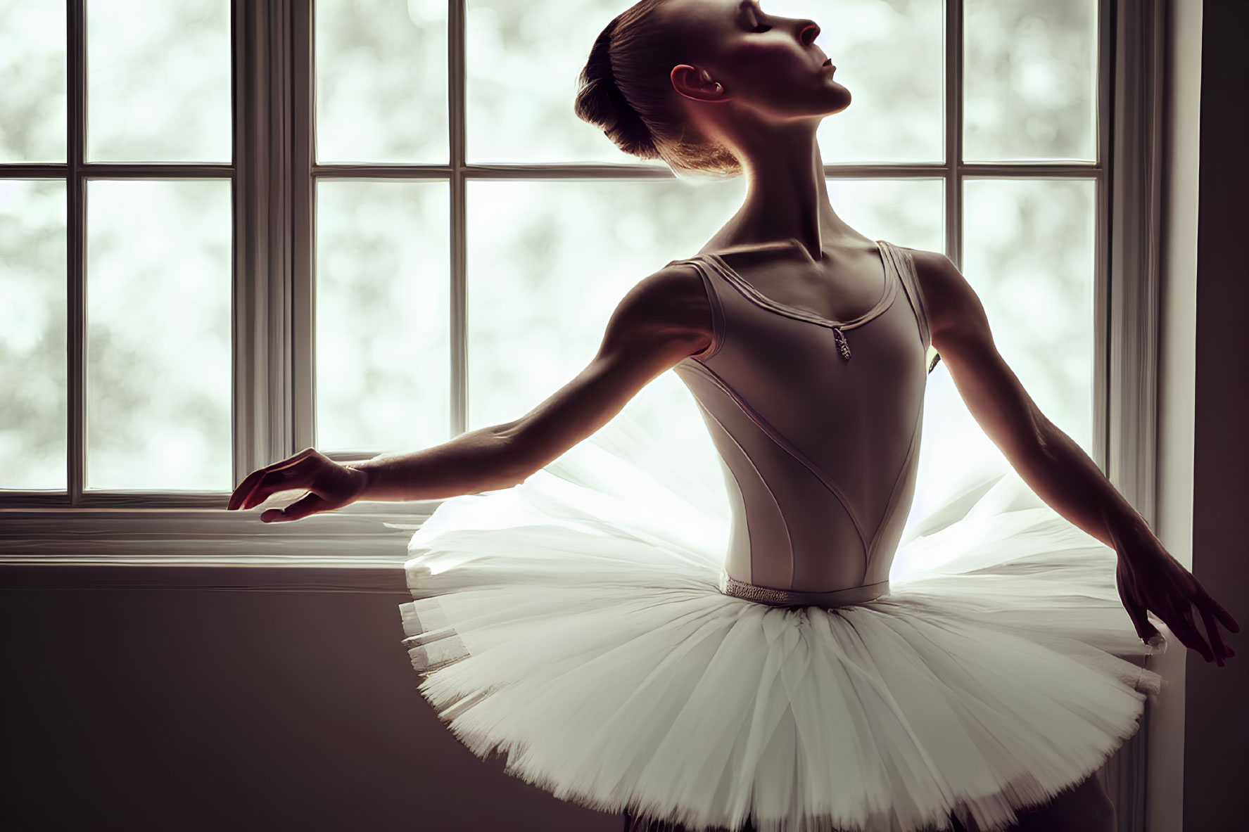 Elegant ballerina in white tutu by window with soft light