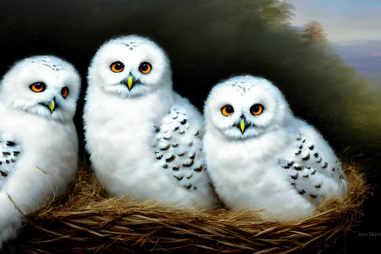 Three Snowy Owls Nestled Together in Straw Nest against Forest Backdrop