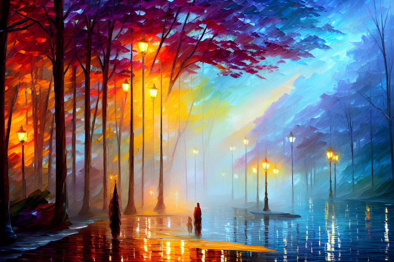 Vibrant impressionistic painting of a dusk park with autumn trees and glowing street lamps