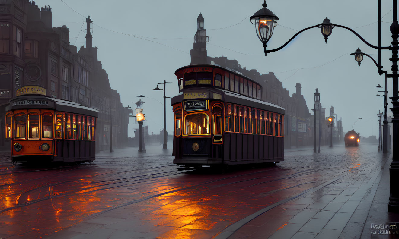 Vintage Trams on Wet Cobblestone Street at Dusk