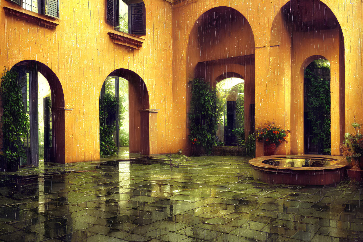 Serene courtyard with orange walls, arches, green plants, and a central fountain in the rain